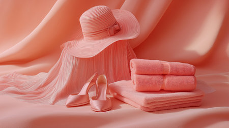 Pink hat, pink towels and sandals on a satin backgroundの素材