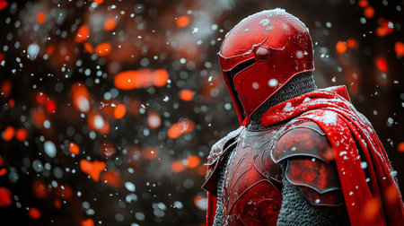 Knight in red armor in the winter forest. 3d illustration.の素材