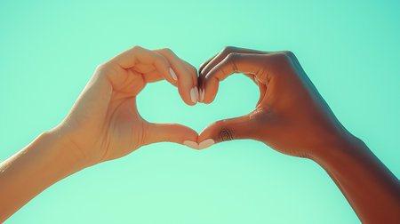 two hands forming a heart shape on blue sky background, love conceptの素材