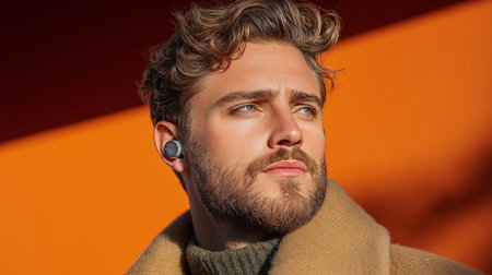 Portrait of a handsome young man in a coat on an orange backgroundの素材