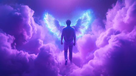 Angel man with angel wings. 3d illustration. Colorful background.の素材