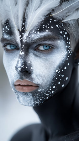 Portrait of a beautiful woman with silver make-up and feathersの素材