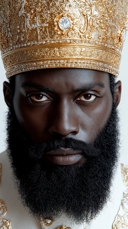 Close-up portrait of a handsome bearded man in a crown.の素材