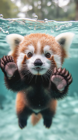 Red panda swims in the pool and looks at the cameraの素材
