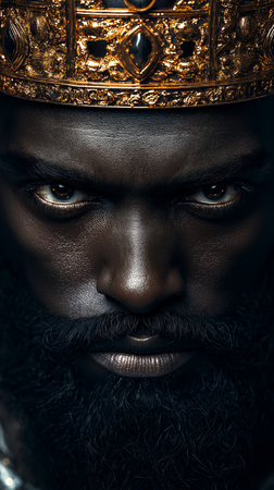 Close-up portrait of a man with a beard and a crown.の素材