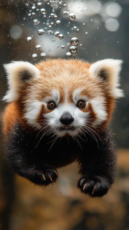 Red panda swimming in the water. The red panda - Ailurus fulgensの素材