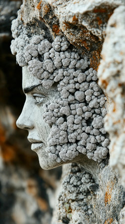 Detail of the head of an ancient statue on the rock.の素材