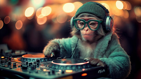 Funny little monkey DJ playing music at a party. Toned.の素材