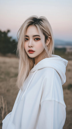 Portrait of a beautiful girl in a white coat on the beachの素材