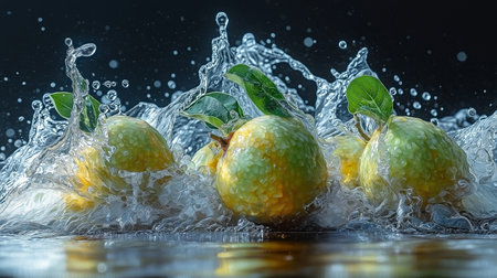 Fresh pears with water splash on dark background. Healthy food conceptの素材