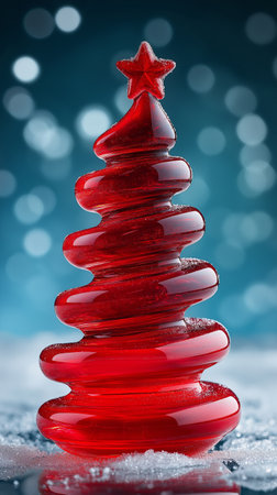 Christmas tree made of red glass on blue bokeh background.の素材