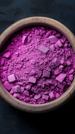 Purple colored eyeshadow in wooden bowl on black background.の素材