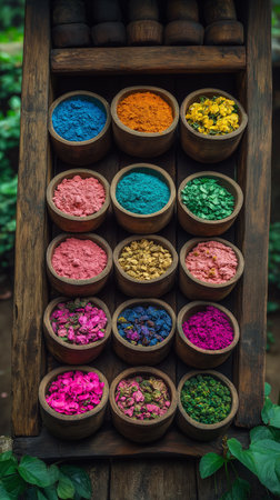Colorful powders in wooden bowls, India. Selective focus.の素材