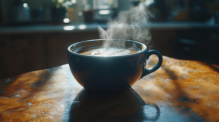 Cup of coffee with steam on the table in the cafe.の素材