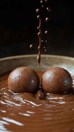 Chocolate balls falling into a bowl with melted chocolate, closeupの素材