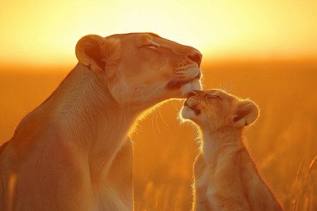 Lioness and lion cub in the savannah at sunset.の素材