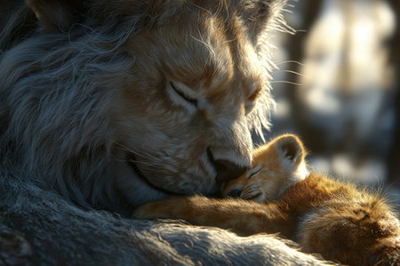 Lion mother and her little lion cub together in the sun.の素材