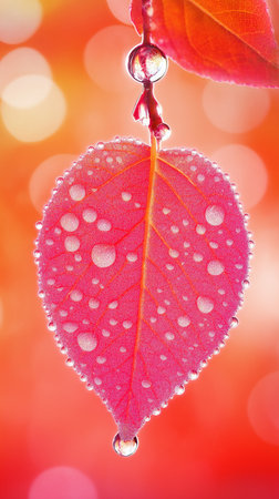 Water droplets on a red leaf with a bokeh backgroundの素材