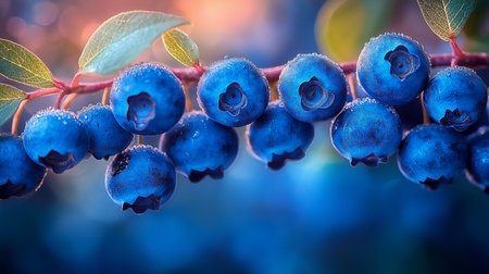 Blueberries on blueberry bush with water drops close-up.の素材