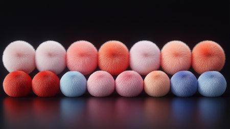 3d rendering of colorful fur balls in a row on black backgroundの素材