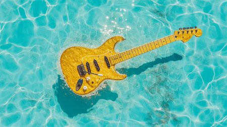 Yellow electric guitar on the water in the pool. Top view.の素材
