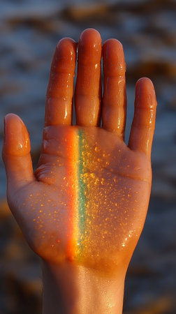 Hand with rainbow paint on it against the background of the sea.の素材