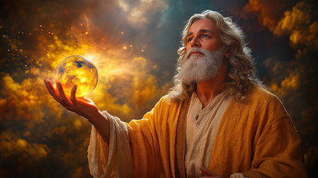 Portrait of an old man with a long white beard and mustache in a yellow robe holding a glowing earth globe in his hands.の素材