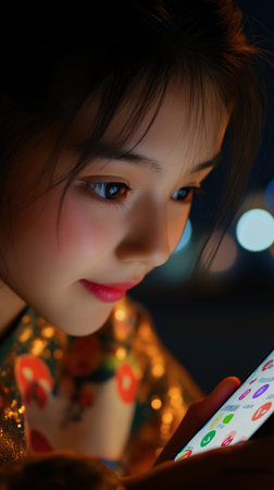 Portrait of a beautiful Chinese girl playing a mobile game at nightの素材