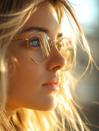 Portrait of a beautiful young woman with long blond hair wearing glasses.の素材