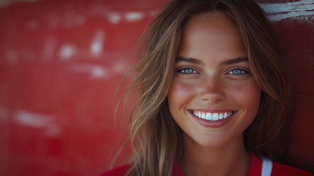 Portrait of a beautiful young woman smiling on a red wall backgroundの素材