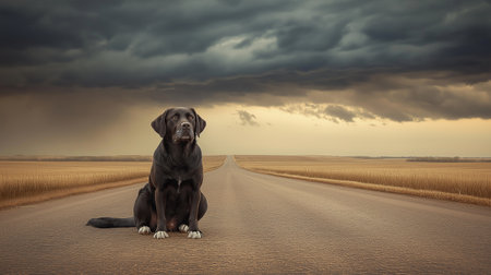 Labrador Retriever sitting on the road with stormy skyの素材