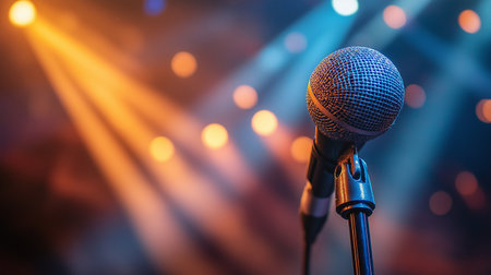 Microphone on stage background with bokeh, close-upの素材