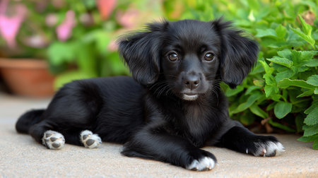 Cute black puppy is lying on the ground in the garden.の素材