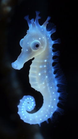 Blue seahorse on a black background. 3D illustration.の素材