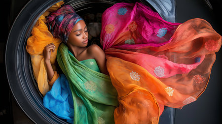 Beautiful african american woman wrapped in a colorful silk scarfの素材