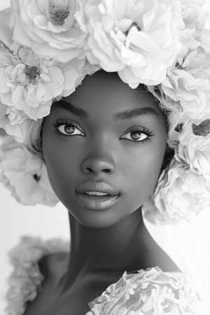 Black and white portrait of beautiful African American woman with flowers in her hairの素材