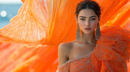 Portrait of a beautiful girl in an orange dress on the beachの素材
