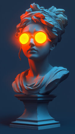 Statue of David with orange light on the face. 3d renderingの素材