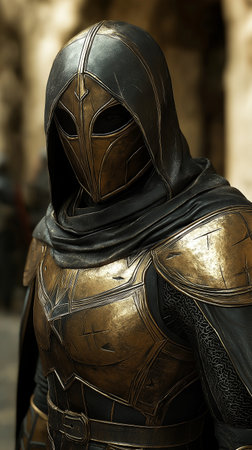 Knight in armor, closeup of photo with selective focus and shallow DOFの素材