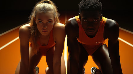 Young african american man and caucasian woman in track and fieldの素材