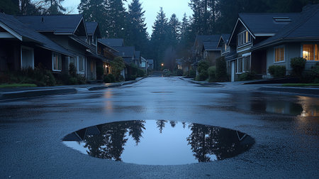 Houses in a small town at night with reflection in a puddleの素材