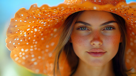 Portrait of a beautiful young woman in orange hat. Close-up.の素材