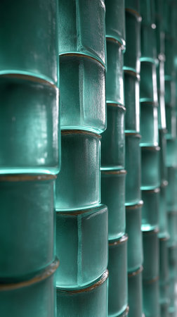 Close up of a row of green metal pipes in a row.の素材