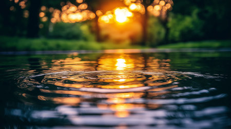Water drops on the surface of the water in the park at sunsetの素材