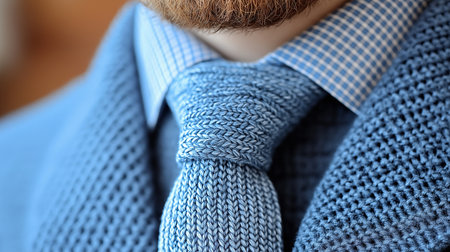 Close up of man's necktie with blue knitted fabric.の素材