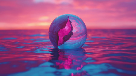 3d rendering of a crystal ball in the water with a pink backgroundの素材