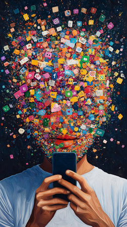 Face of man with mobile phone and colorful social media icons on itの素材