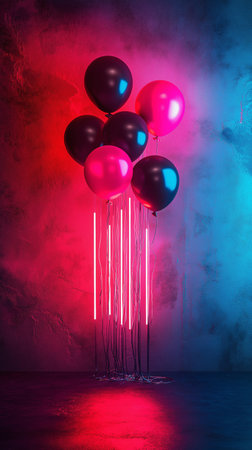 Colorful balloons in neon light on a dark background. 3d renderingの素材