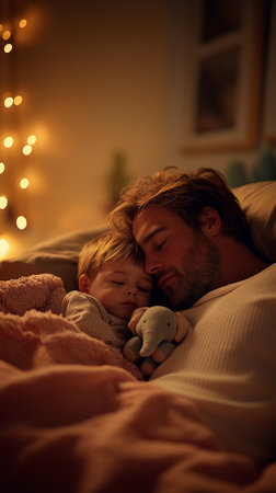 Cute little boy sleeping with his father in bed at Christmas timeの素材