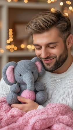 Young man with cute elephant toy lying on sofa in room decorated for Christmasの素材